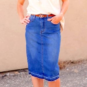 Distressed Raw Hem Denim Midi Skirt